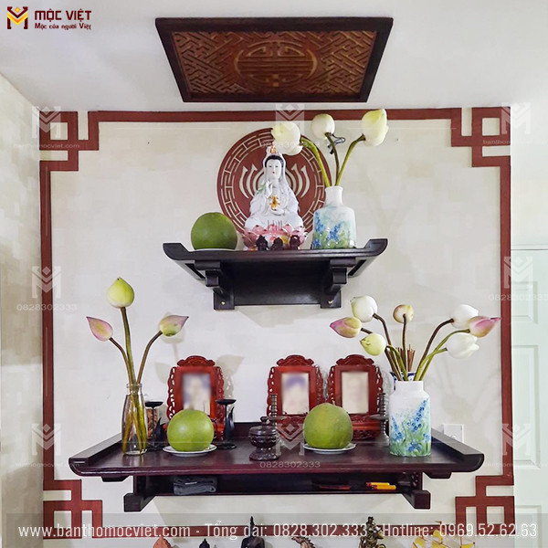 Bàn thờ phật hiện đại hai tầng gỗ sồi, thiết kế tinh xảo, mang nét đẹp tự nhiên và bền bỉ