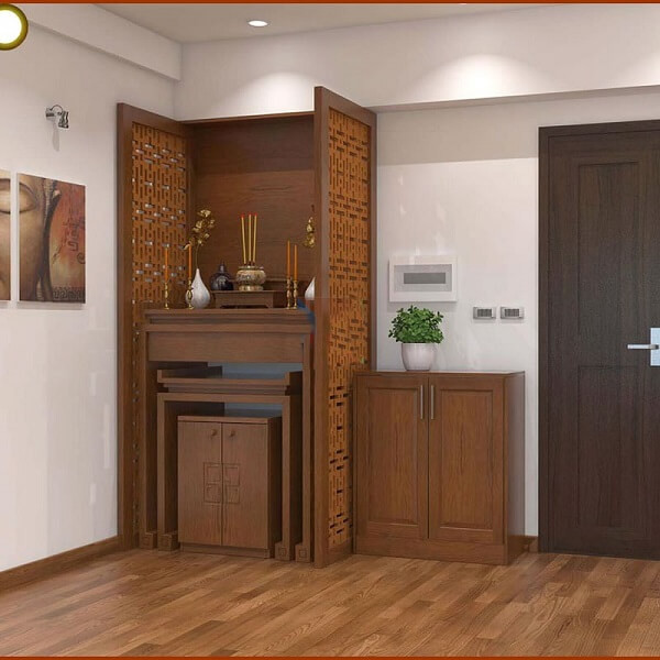 Bàn thờ thần linh âm tường kết hợp vách ngăn CNC, tối ưu không gian sống.