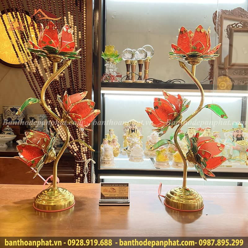 Bộ đèn thờ cúng hoa sen 3 nhánh trang trí tinh xảo