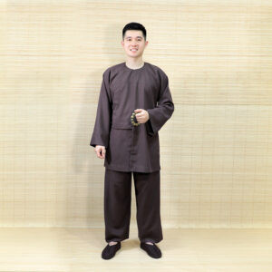 Bộ Pháp Phục Vạt Hò Phật Tử Nam Đi Lễ Chùa Vải Linen, Màu Nâu Đen