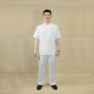 Bộ Quần Áo Phật Tử Nam Cổ Trụ Tay Ngắn Vải Linen, Màu Trắng