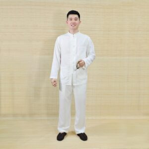 Bộ Quần Áo Phật Tử Nam Màu Trắng Dài Tay Nút Nhựa Vải Linen