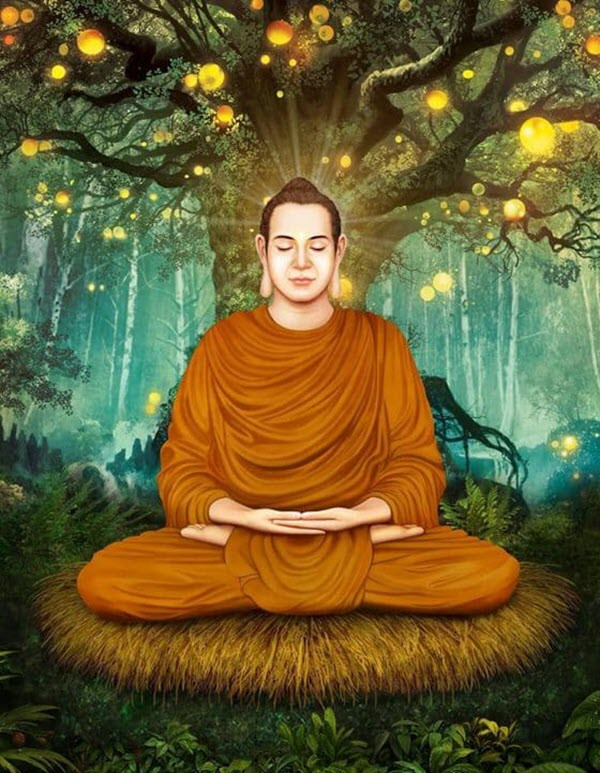 Bức ảnh Phật Thích Ca Mâu Ni với ánh hào quang rực rỡ, tượng trưng cho sự giác ngộ.