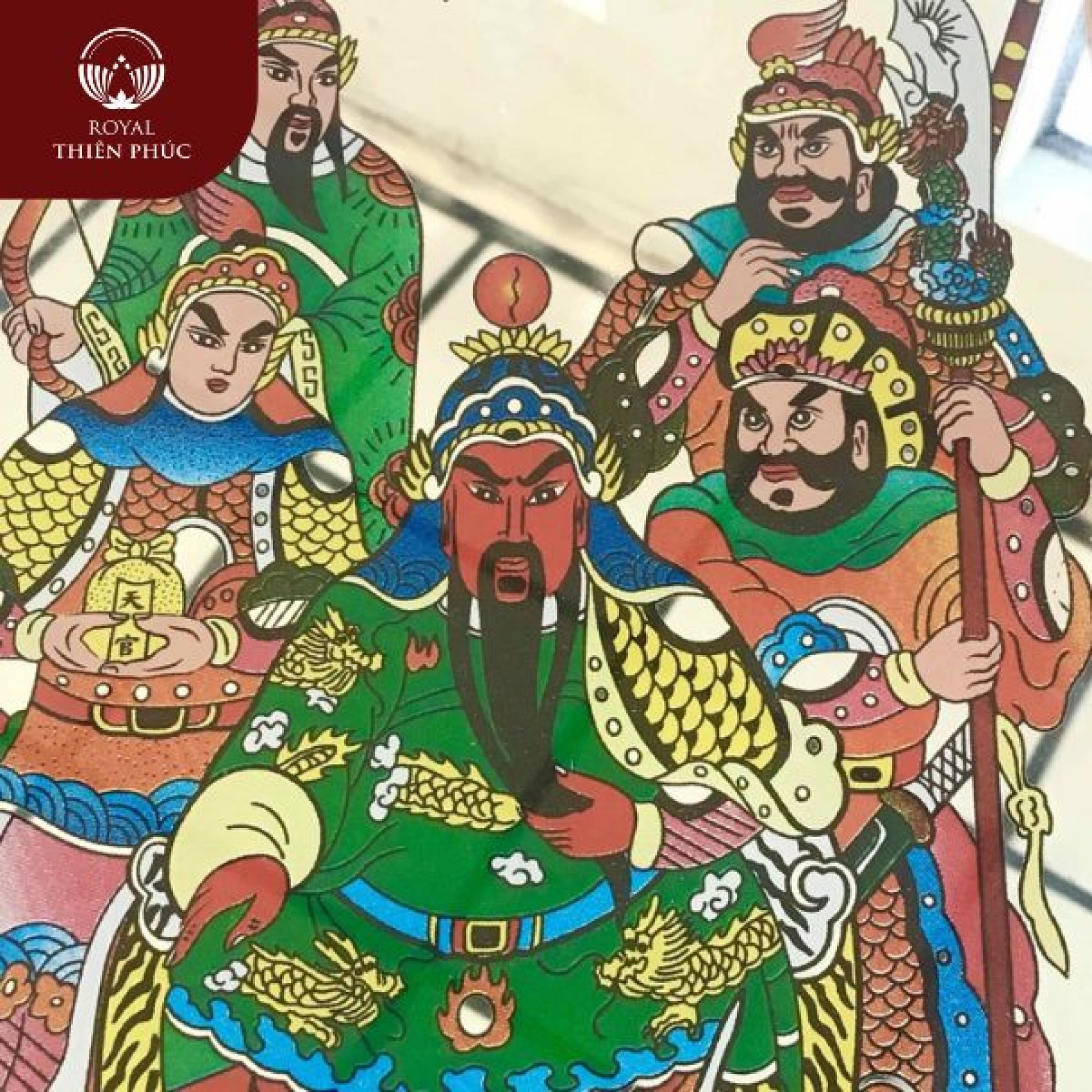 Bức tranh thờ Ngũ Công Vương Phật với các vị thần Quan Công, Quan Bình và Châu Xương