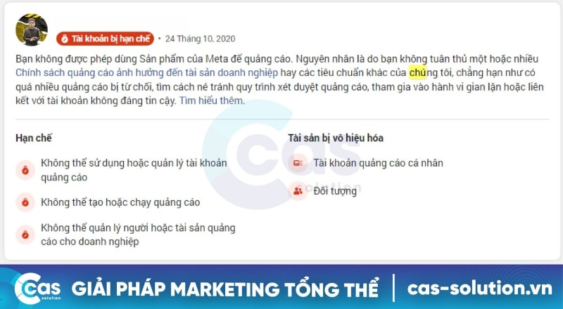 các lỗi vô hiệu hóa tài khoản Via Facebook