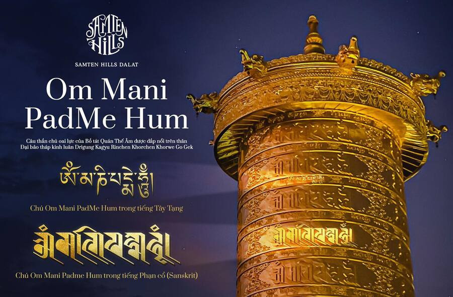 Câu thần chú Om Mani Padme Hum khắc nổi trên Đại bảo tháp Kinh luân, thể hiện mani là gì trong Phật giáo.