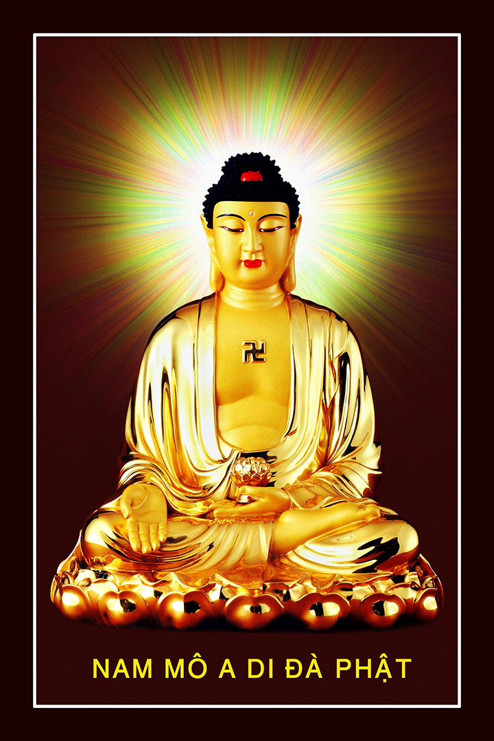 chữ a di đà phật đẹp, thư pháp vàng trên nền đỏ