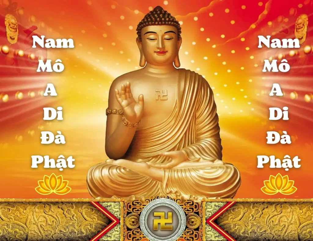 chữ a di đà phật đẹp trên nền trời xanh, biểu tượng bình an