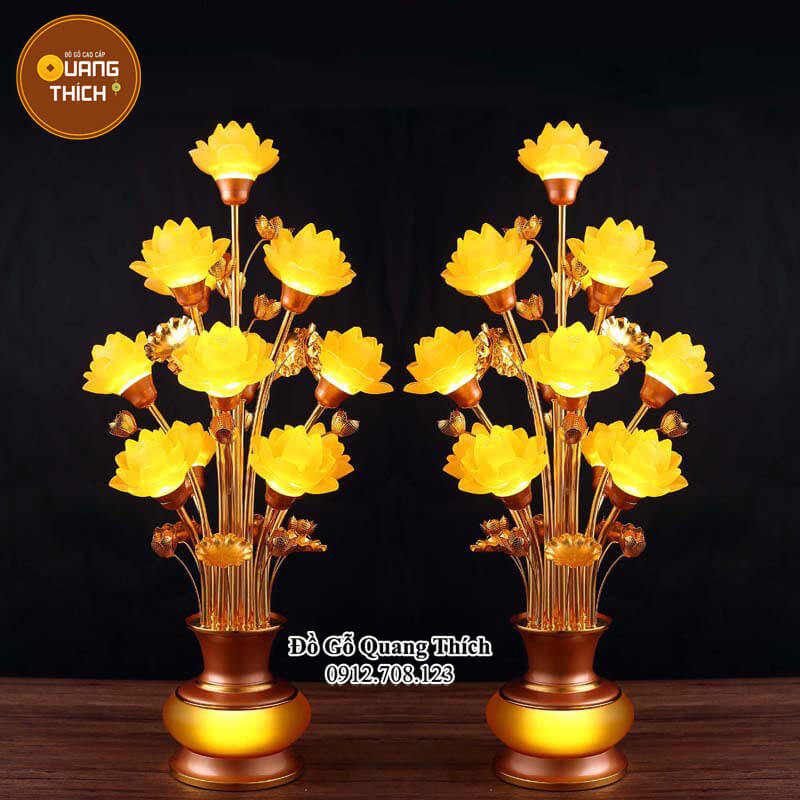 Đèn thờ hoa sen lưu ly 13 bông thân đồng cao cấp