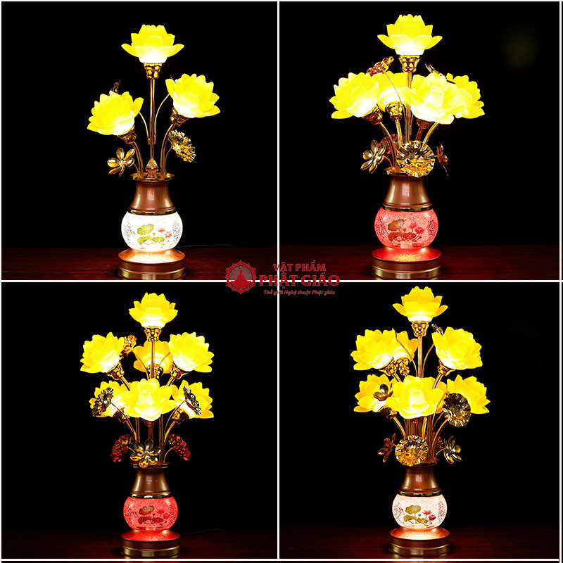 Đèn thờ hoa sen Quan Âm chiếu sáng trên bàn thờ