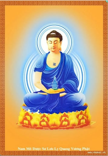 Đức Phật Dược Sư Lưu Ly Quang Như Lai với ánh hào quang, thể hiện sự từ bi và trí tuệ vô biên.