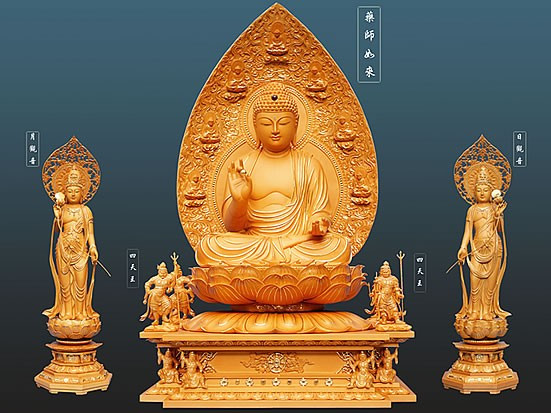 Dược Sư Tam Tôn trong tư thế thiền định, tượng trưng cho những lợi ích và công đức khi niệm Nam Mô Dược Sư Phật để tiêu trừ bệnh khổ.