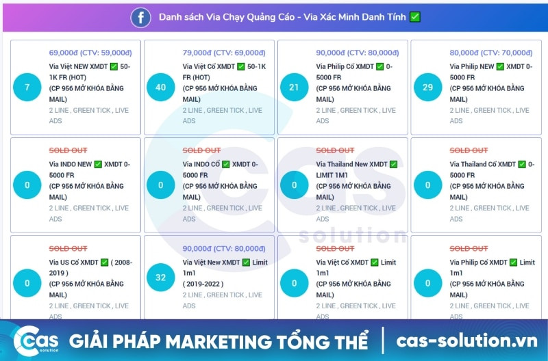 giá bán tài khoản Via Facebook trên thị trường