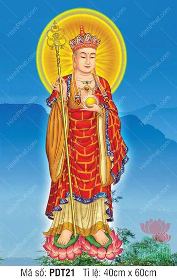 Hình ảnh Địa Tạng Bồ Tát đứng trong y phục trang nghiêm, màu sắc hài hòa và thần thái an lạc