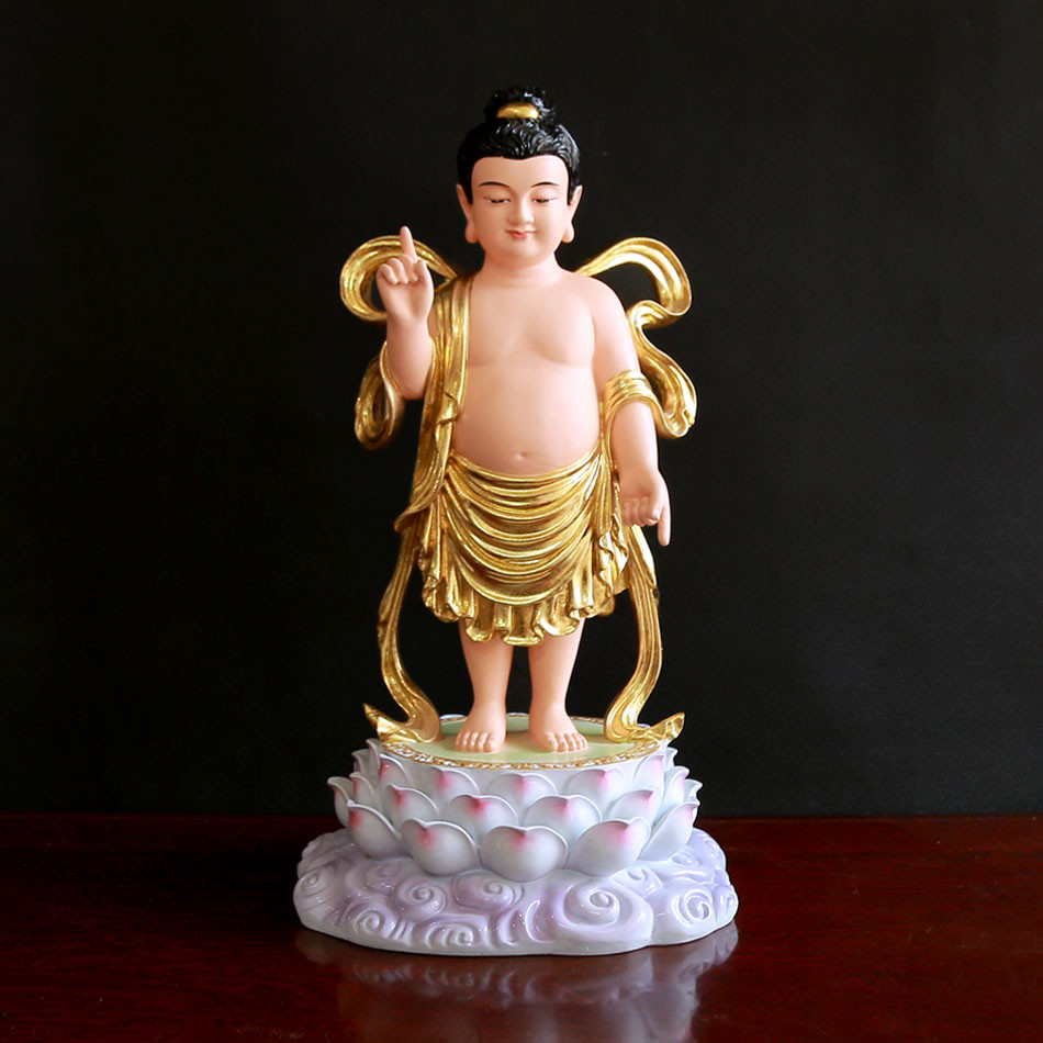 Hình ảnh Đức Phật sơ sinh với cử chỉ một tay chỉ trời một tay chỉ đất, tượng trưng cho sự giác ngộ.