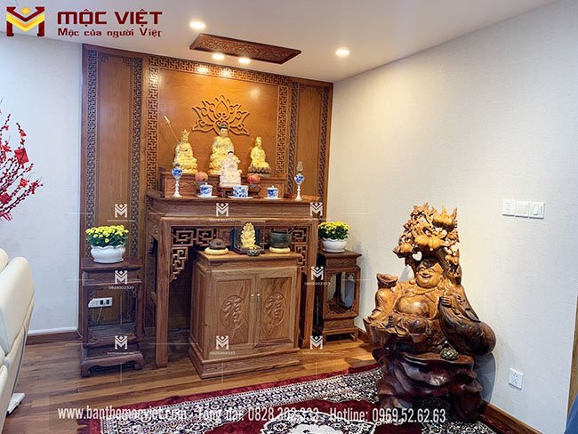 Hình ảnh không gian thờ Phật hiện đại, thiết kế hài hòa với nội thất gia đình