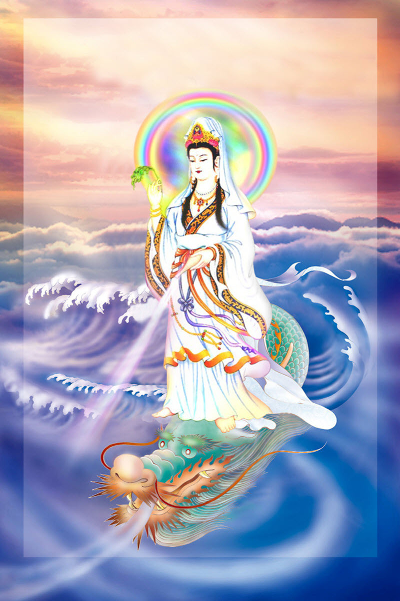 Hình ảnh Mẹ Quan Âm thanh tịnh, với ánh sáng dịu nhẹ bao quanh.