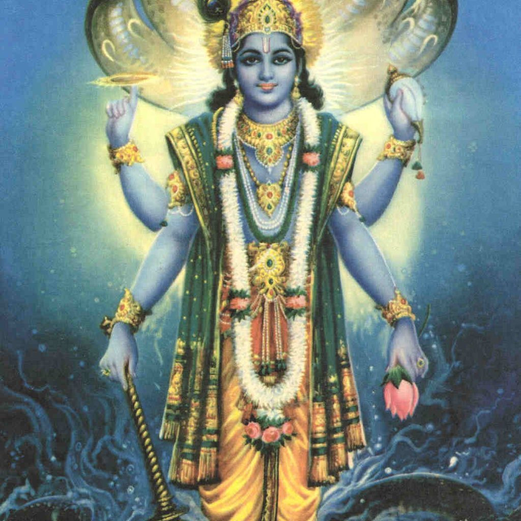 Hình ảnh thần Vishnu đứng uy nghi, vị thần bảo tồn vĩ đại của đạo Hindu