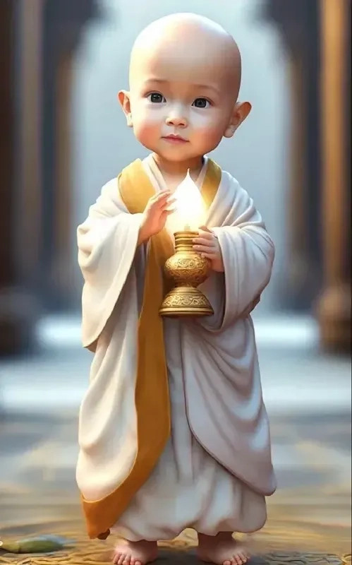 Hình chú tiểu niệm Phật với ánh mắt tập trung, thể hiện lòng thành kính
