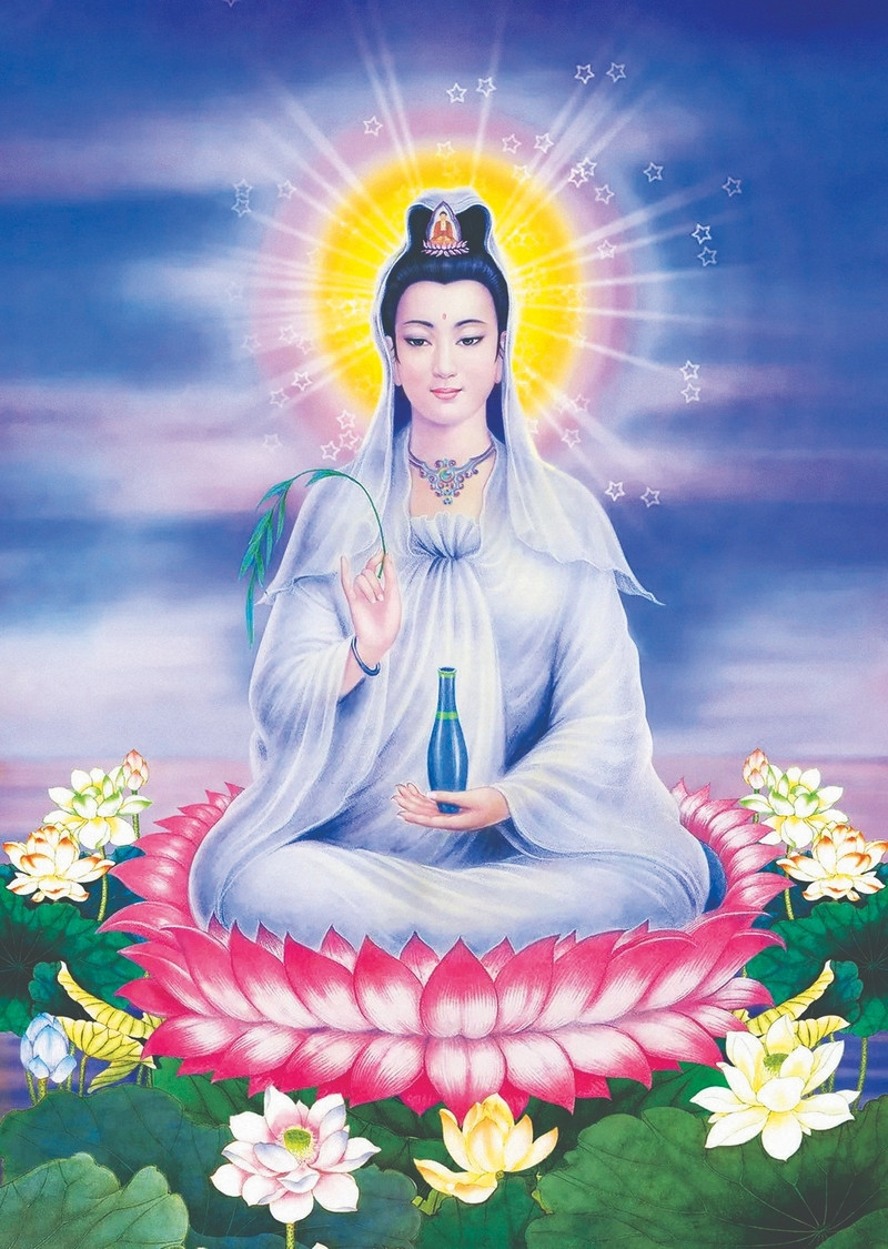 Hình nền điện thoại Phật Quan Âm Bồ Tát 3D trong tư thế thiền định giữa không gian tâm linh
