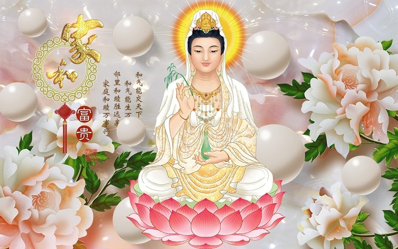 Hình nền Phật Quan Âm Bồ Tát 3D đang ban phước với hào quang tỏa sáng
