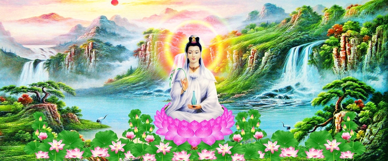 Hình nền Phật Quan Âm Bồ Tát 3D đứng trên đài sen nở rộ, cảnh mây trời huyền ảo