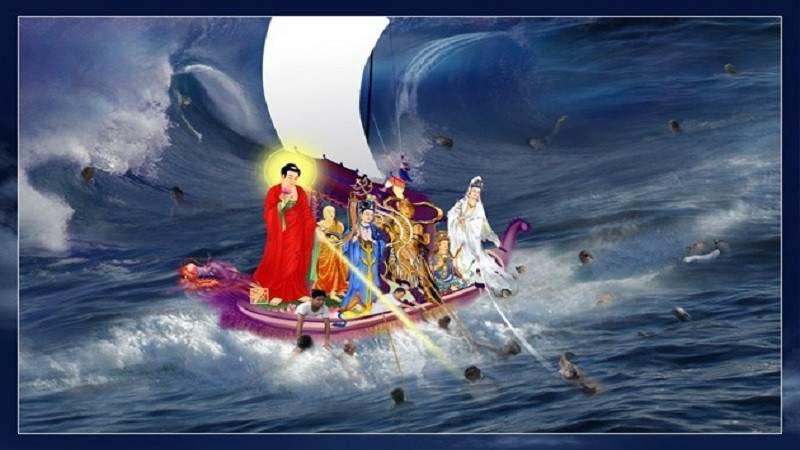 Hình Phật A Di Đà với bàn tay phải đưa ra, biểu tượng cho lòng từ bi rộng lớn và sự tiếp dẫn chúng sinh.