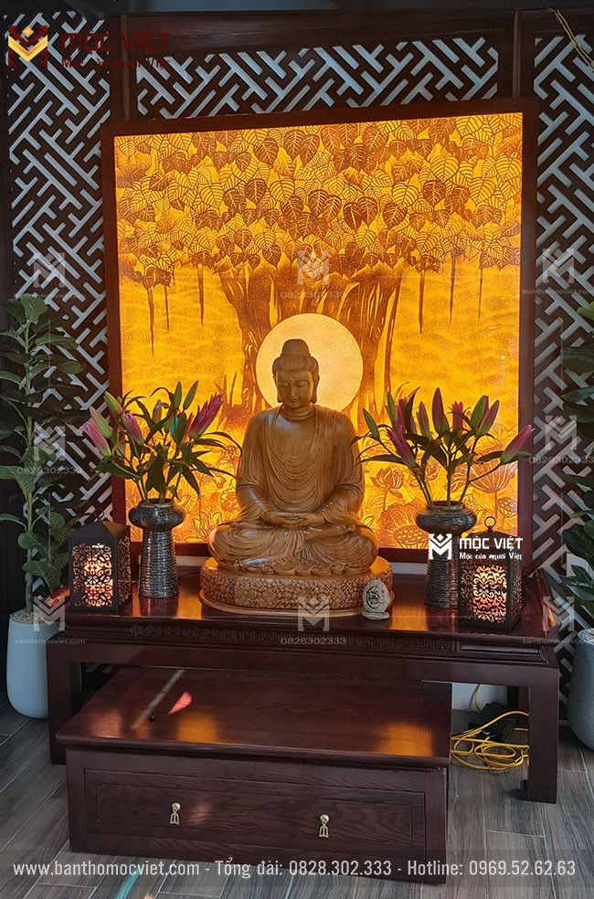 Không gian thờ Phật hiện đại kết hợp khu vực ngồi thiền, mang đến sự tĩnh tâm và trang nghiêm