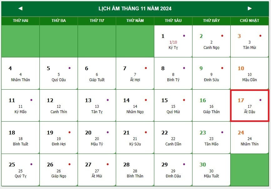 Lịch tháng 11 năm 2024 hiển thị ngày 17/11 rơi vào Chủ Nhật