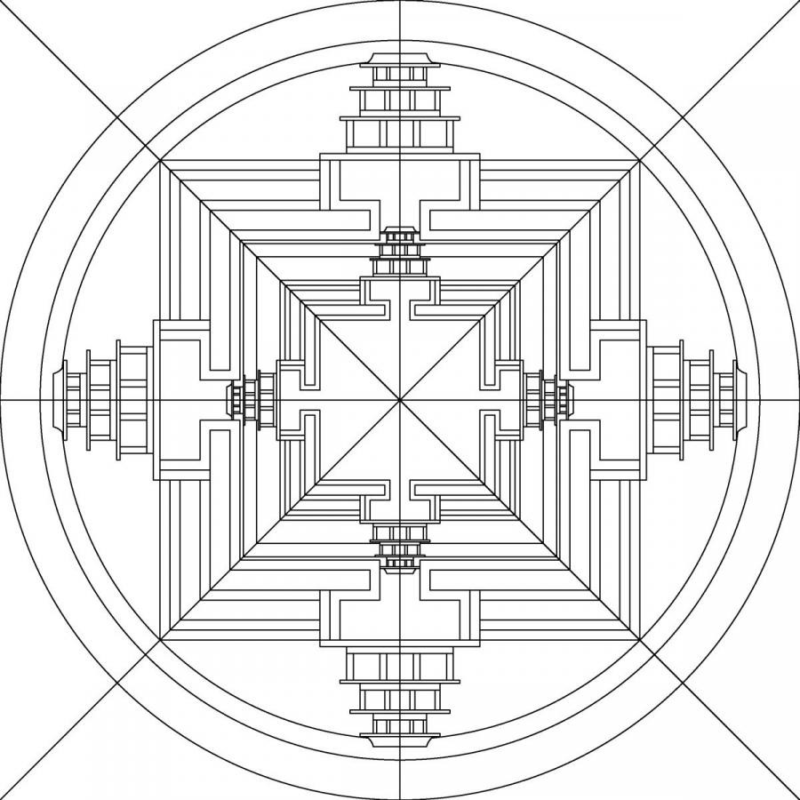 Mandala thiền định với các đường nét đối xứng và tâm điểm tập trung năng lượng.