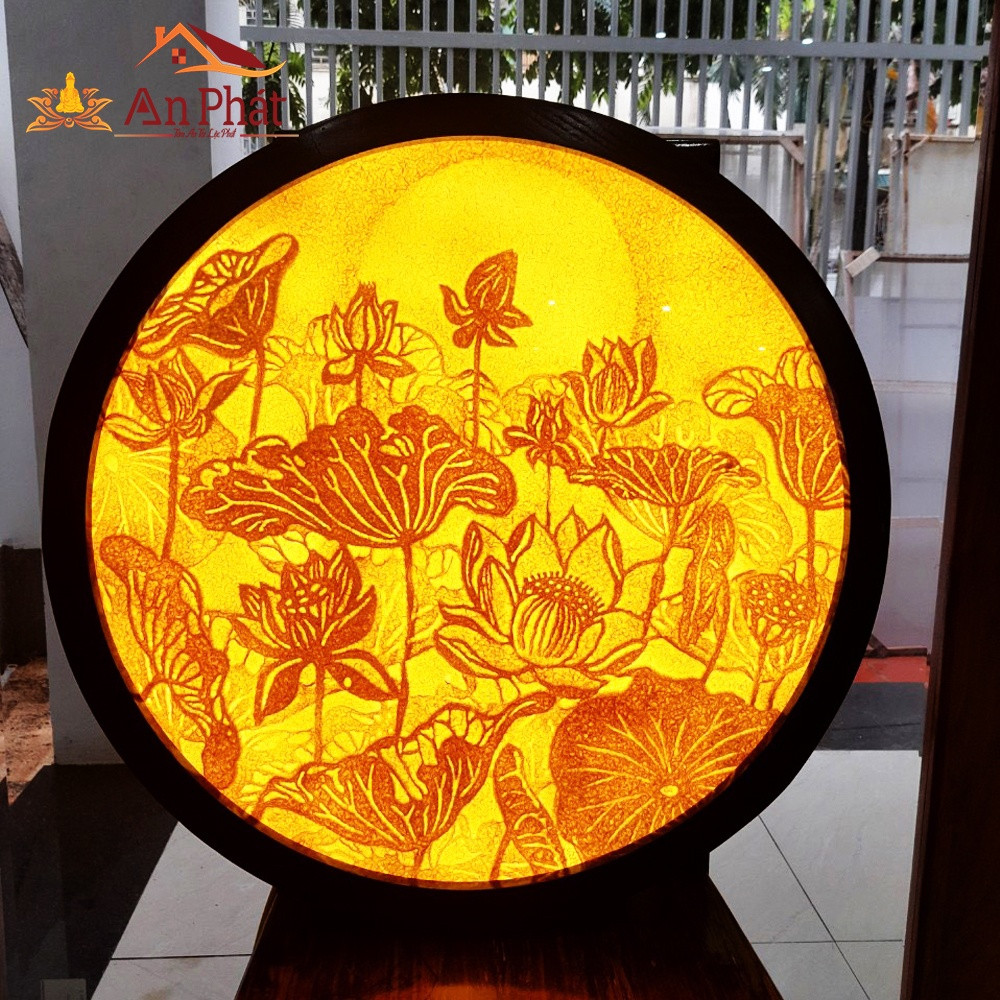 Mẫu tranh trúc chỉ tròn họa tiết hoa sen tinh xảo