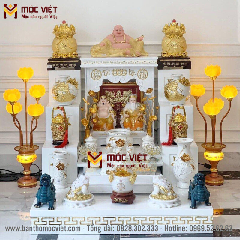 Mô tả hình ảnh: Mẫu combo bàn thờ Thần Tài màu trắng hiện đại được ưa chuộng