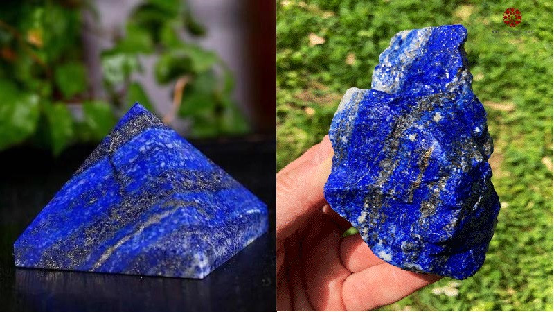 Một bàn tay đang cầm viên đá ngọc lưu ly màu xanh lam, tượng trưng cho công dụng chữa lành và lợi ích sức khỏe của đá lưu ly.