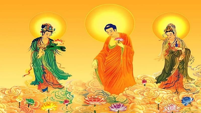 Phật A Di Đà đứng trên mây, tay tiếp dẫn chúng sinh