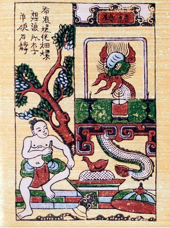 Thạch Sanh dũng mãnh chiến đấu với chằn tinh, một con trăn khổng lồ trong tranh dân gian Đông Hồ, minh họa cho truyền thuyết Việt Nam.