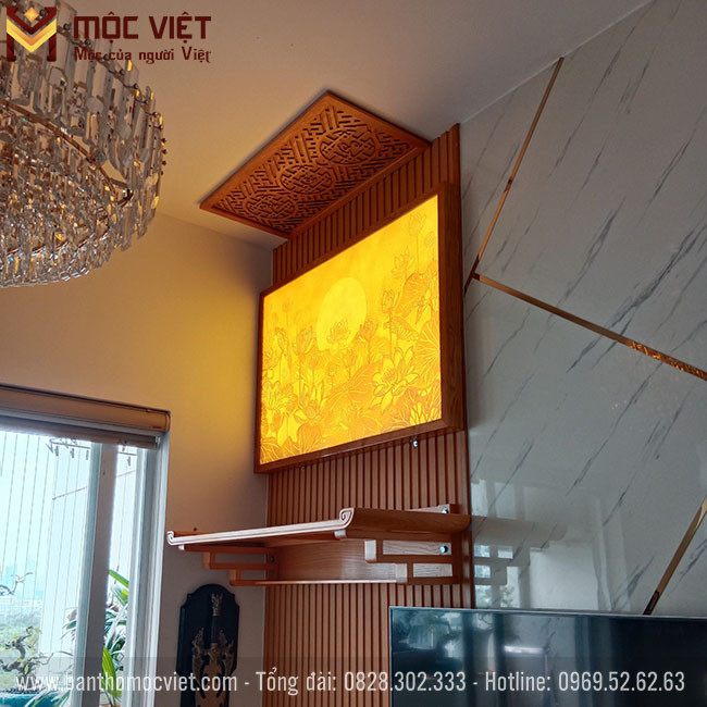 Thiết kế bàn thờ treo tường thờ Phật hiện đại kết hợp tranh trúc chỉ