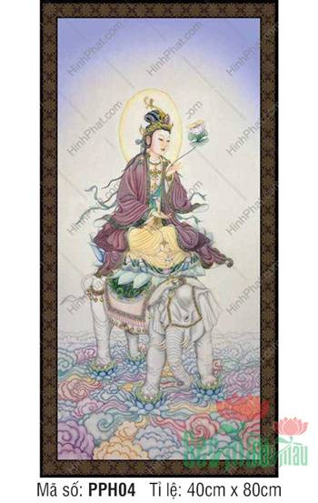 Tranh thờ Phổ Hiền Bồ Tát với pháp khí hoa sen