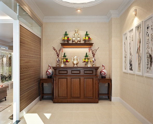 Tủ thờ gỗ có ngăn kéo, tiện lợi cho việc sắp xếp đồ thờ cúng bàn thờ thần linh.