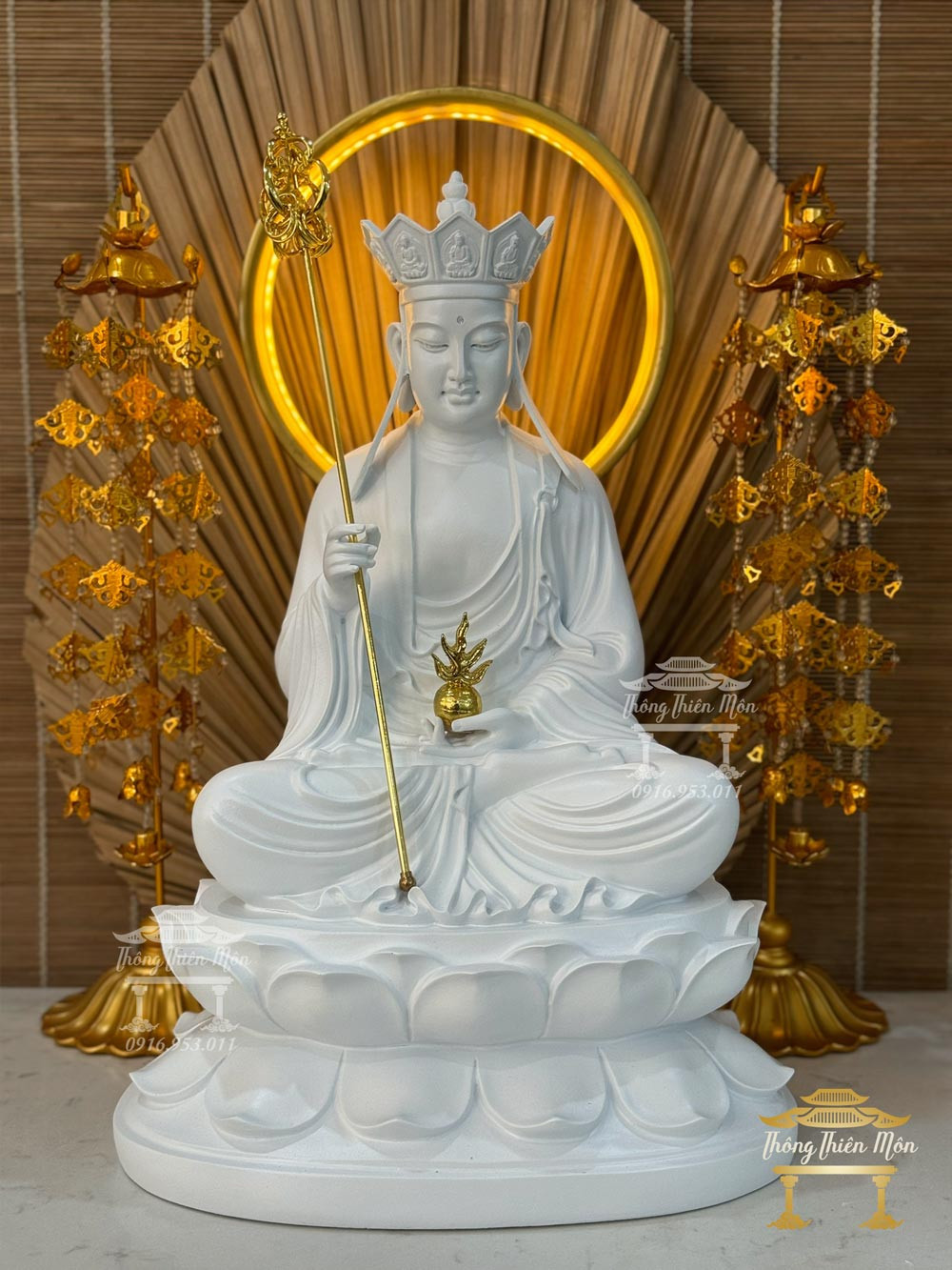 Tượng Địa Tạng Bồ Tát 45cm màu trắng, biểu tượng của đại nguyện cứu độ, mang lại lợi ích khi đọc kinh Địa Tạng