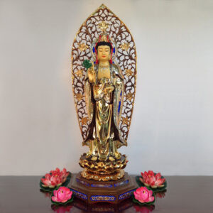 Tượng Đồng Ngài Quan Âm Đứng, Đồng Đài Loan Mạ Vàng, Kích Thước 81x34x34cm (Tổng Cao 98cm)