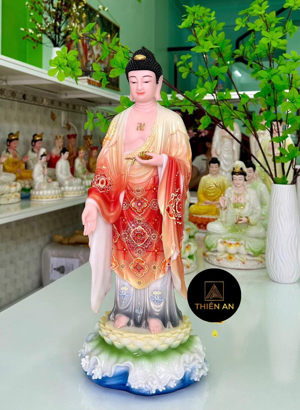 tượng phật a di đà đứng bằng bột đá thạch anh tinh xảo