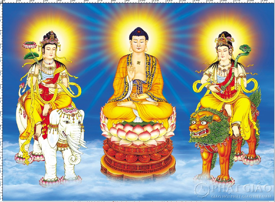 Tượng Phật Phổ Hiền Bồ Tát và Văn Thù Bồ Tát, hai thị giả của Phật Thích Ca Mâu Ni