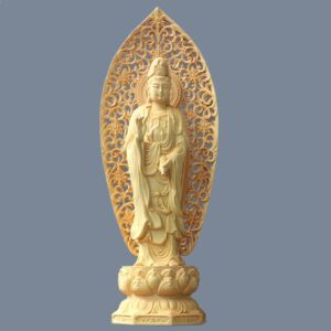 Tượng Quan Âm đứng bằng gỗ Hoàng Dương có lá đề