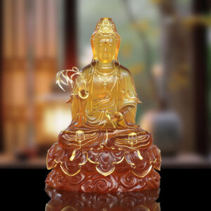 Tượng Quan Âm ngồi trên đế mây lưu ly viền vàng, tượng cao 36cm