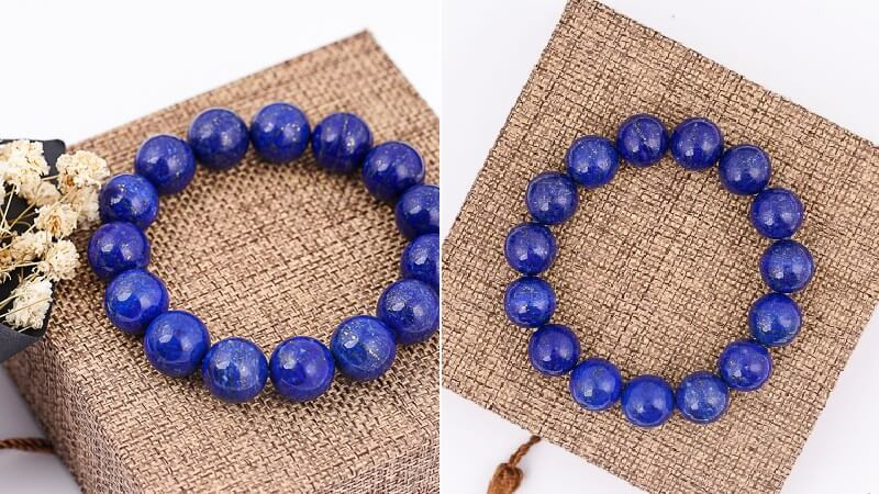 Vòng tay phong thủy được xâu bằng các hạt đá lưu ly tròn, biểu tượng của may mắn và bảo vệ theo quan niệm phong thủy.